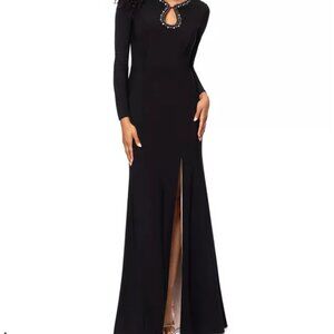 XSCAPE Women's Embellished Keyhole-Neck Long-Sleeve Gown